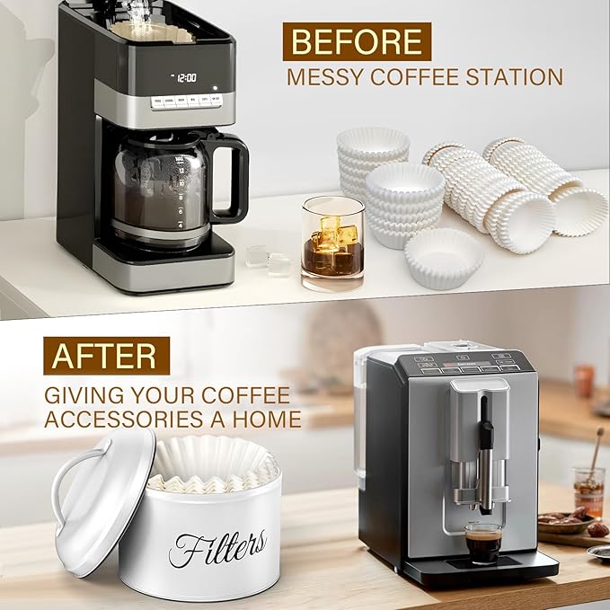 Coffee Filter Holder for Counter, Coffee Filter Storage with Lid, Round Container for Bar Accessories Decor (White)