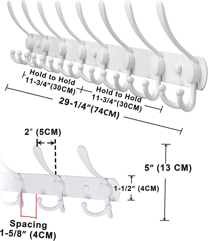 Dseap Coat Rack Wall Mount - 29.5” Long 8-Tri-Hooks Heavy Duty Coat Hanger Rail Wall Hooks for Hanging Coats Hats Clothing Clothes Purse Mudroom Entryway, White, Pack of 2