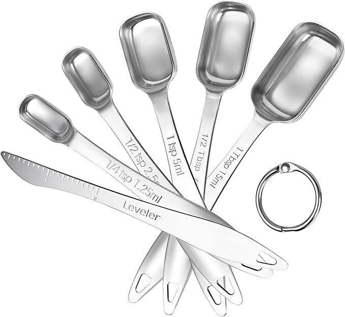 U-Taste Narrow Square Measuring Spoons: 18/8 Stainless Steel Kitchen Measure Teaspoon Tablespoon with Leveler, Polygon Rectangular Metal Jar Scoop for Baking Cooking, Coffee, Spice, Powder (Set of 6)