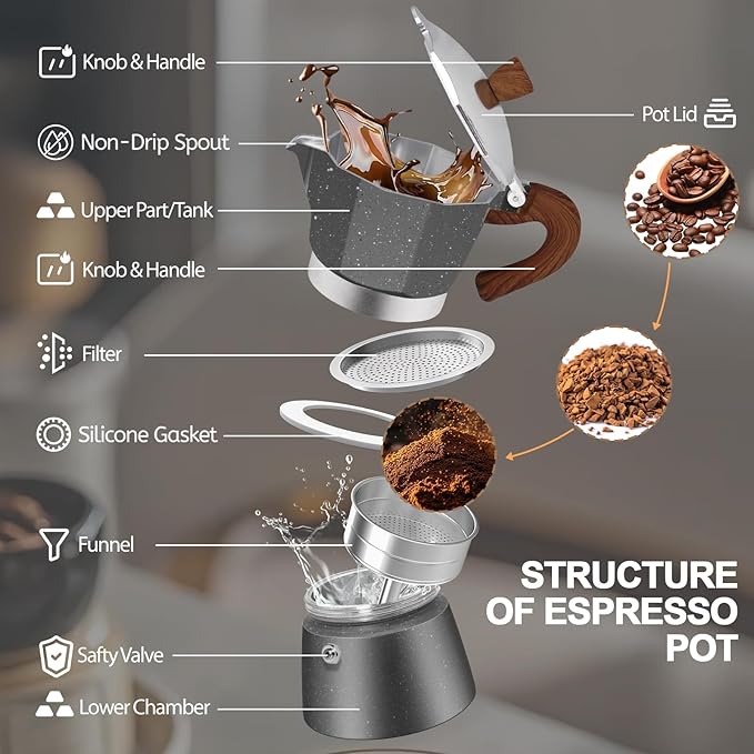 Aluminum 6 Cup 300ml Moka Pot Express Coffee Maker Stovetop Espresso Colorful Coffeemaker Italian Classic Style Brewing Greca Cafe Mocha Machine for Cafeteras Lover Camping Travel and Home Use 10oz