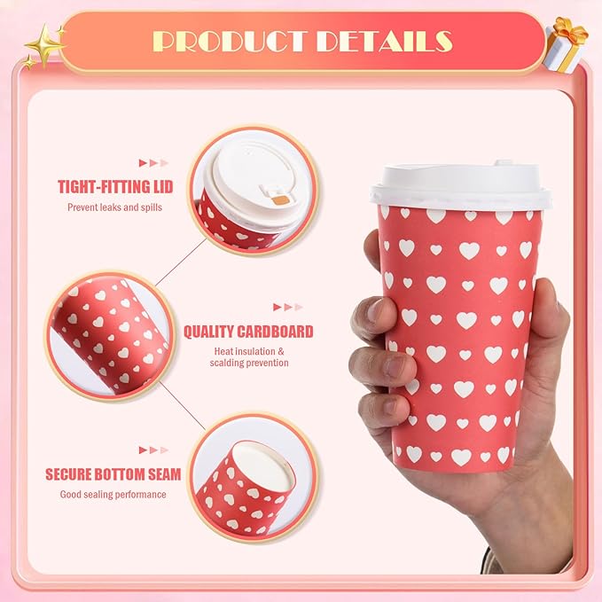 FOBSME 50 Pcs Valentine Disposable Coffee Cups With Lids 16oz Red White Love Heart Paper Cups Valentine Party Drinking Cups for Wedding Anniversary Party Supplies