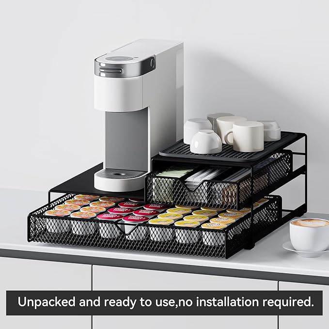 Coffee Maker Countertop Organizer,K Cup Pod Drawers,60 Coffee Capsule Pod Holder,Integrated Design Requires No Assembly.Slidng Storage Pod Baskets,Pod Stands,Silicone Drink Coasters