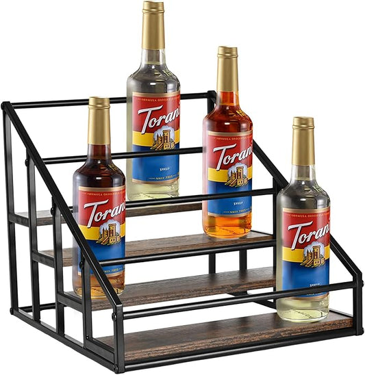 Coffee Syrup Organizer Rack, Liquor Bottle Display Shelf, Spice Racks, 4-Tier 16 Syrup Bottles Holder Stand for Coffee Bar Kitchen Small Wine Rack for Bar Family Storage for Syrup Wine Dressing