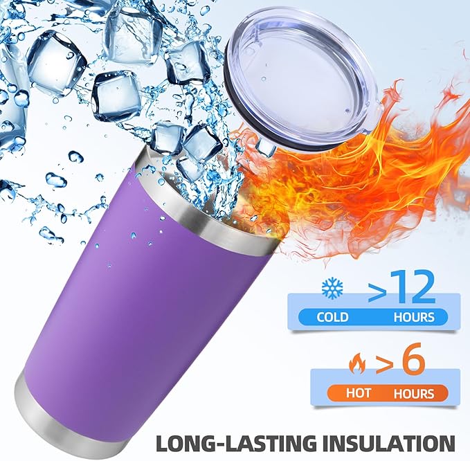 Volhoply 20oz Stainless Steel Tumbler with Lid and Straw,Double Wall Insulated Travel Iced Coffee Mug Fits Car Cup holder,Powder Coated Cups for Hot and Cold Drinks,Gifts for Women Men（Purple,1 Set）