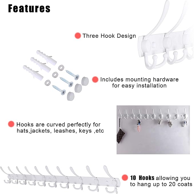 Dseap Coat Rack Wall Mount - 38” Long 10-Tri-Hooks Heavy Duty Coat Hanger Rail Wall Hooks for Hanging Coats Hats Clothing Clothes Purse Mudroom Entryway, White, Pack of 2
