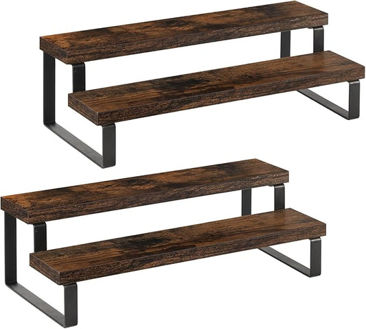 YINMIT Wooden Display Riser Stand, Tiered Perfume and Cologne Organizer Stand, 2 Tier Spice Rack Organizer, Rustic Display Shelf for Candles (2 Tier, 2 Pack)
