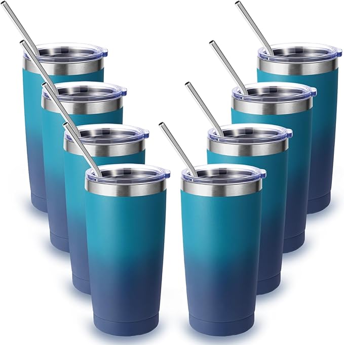 Volhoply 20oz Stainless Steel Tumbler with Lid and Straw Bulk 8 Pack,Double Wall Insulated Travel Iced Coffee Mug Fits Cup holder,Powder Coated Cups for Cold Drinks,Christmas Gifts（Dark Night,8 Set）