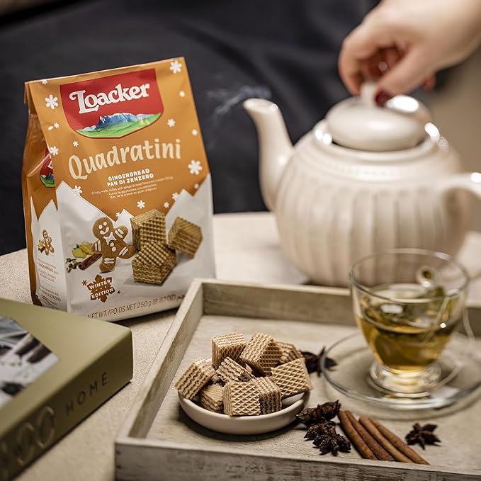 Loacker Quadratini Gingerbread Wafer Cookies LARGE - Limited Holiday Edition Premium Crispy Bite Size Wafers with Gingerbread Cream Filling - 30% Less Sugar - Resealable Family Pack - LARGE Snack Bag 250g/8.82oz, Multipack of 6