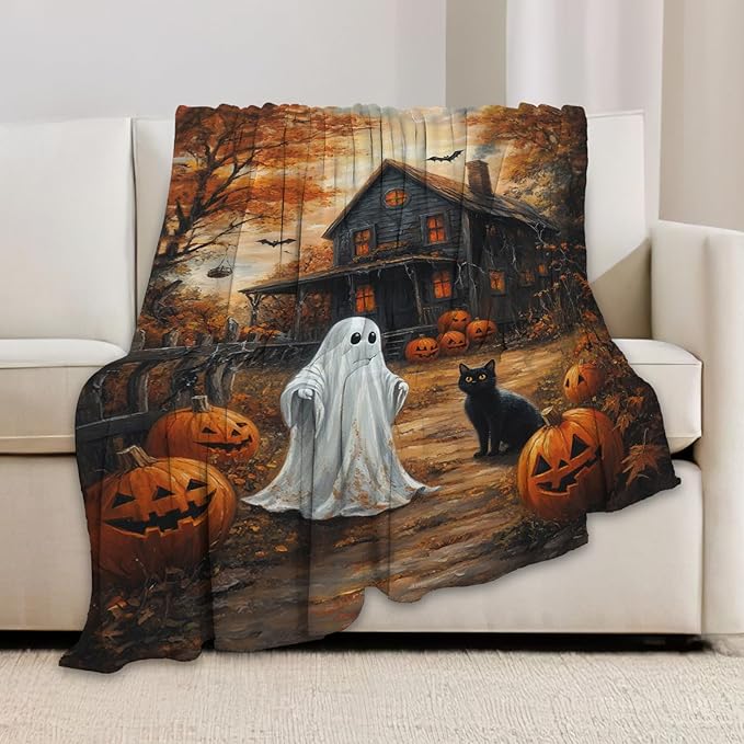 Halloween Blanket, Ghost Black Cat Fleece Flannel Throw Blanket, Pumpkin Soft Lightweight Stuff Throws Gifts for Women Men Boys Girls Lovers Adults Lovers Sofa Decor 80"x60"