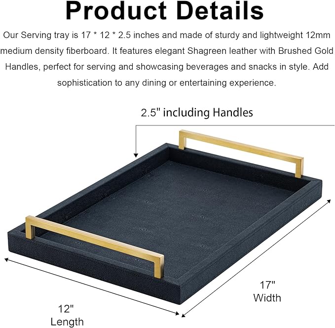 Black Faux Leather Serving Tray, 17x12 inches, Brushed Gold Handles, Decorative Tray for Ottoman Coffee Table, Living Room, Kitchen, Bathroom