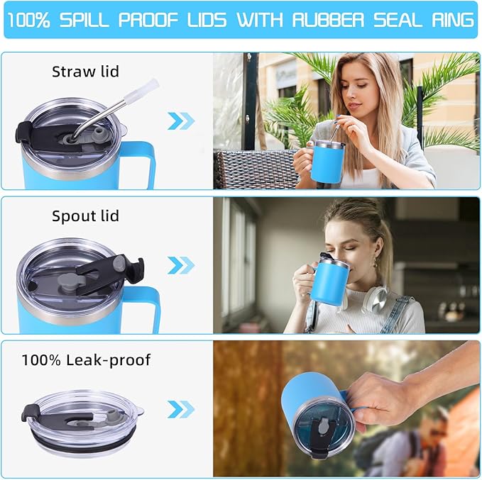 Volhoply 12oz Insulated Leakproof Coffee Mug with Flip & Straw Lid,Double Wall Vacuum Stainless Steel Travel Cafe Tumbler Cup with Handle,Reusable Camping Mugs Keep Cold/Hot(Blue,1 Set)