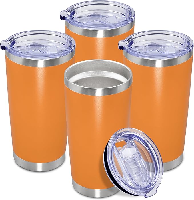 20 oz Tumbler Coffee Travel Tumblers Bulk with Lid Stainless Steel Double Wall Vacuum Insulated Mug Powder Coated Cups fit Car Cupholder for Hot and Cold - Orange, 4Pack