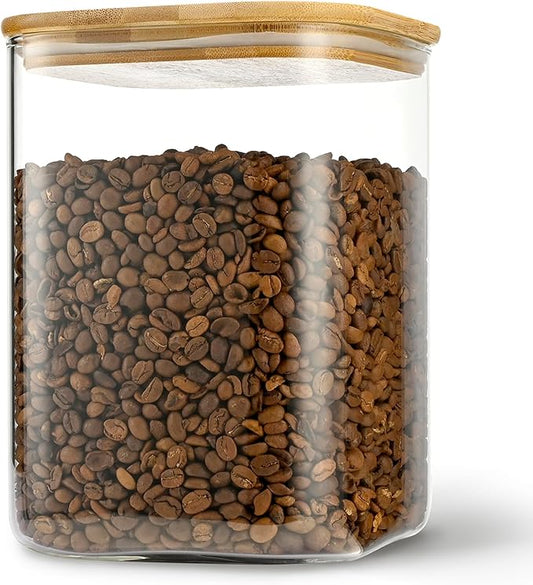 122oz Airtight Glass Square Storage Canister with Bamboo Lid Set of 1 (3600ml) Gallon Glass Jars Large Kitchen Canister for Sugar, Flour, Cookies and Coffee beans (‎with Black Lable)