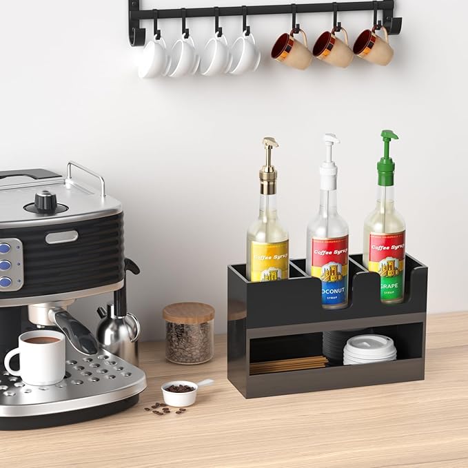 Coffee Condiment and Cup Organizer - 2-Tier Upright Cup and Lid Holder with Straw Organizer 4 Compartments Black Acrylic Cup Dispenser for Restaurant Breakroom Coffee Station Countertop