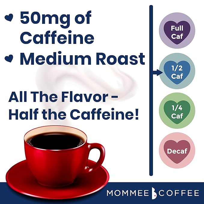 Mommee Coffee - Half Caf | Low Acid, Organic, Fair Trade, Water Processed | Whole Bean, 22 oz.