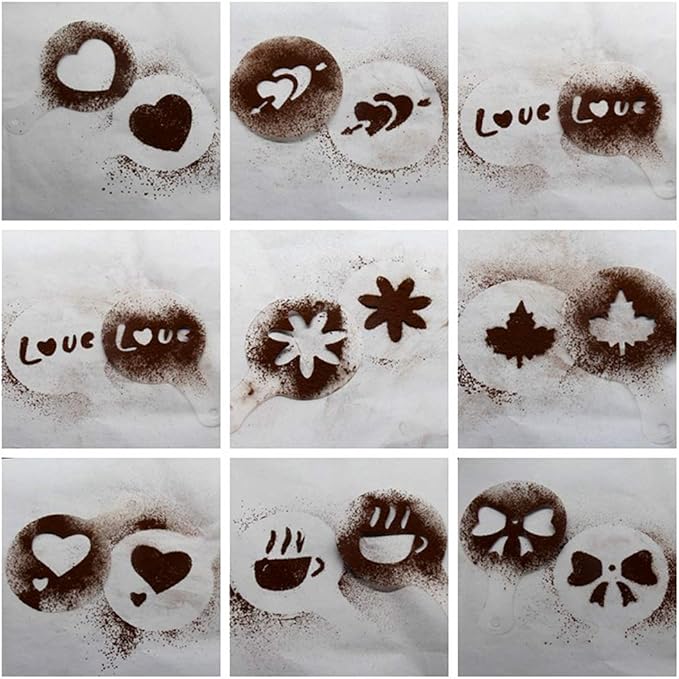 ACKLLR 36 Pcs Coffee Art Maker Set, 32 Pieces Coffee Decorating Stencils Barista Template + 2 Latte Pen + 2 Pack Spiral Pattern Mixing Spoon Fork 2 in 1 for Mousse Cake Birthday Party Bar Espresso