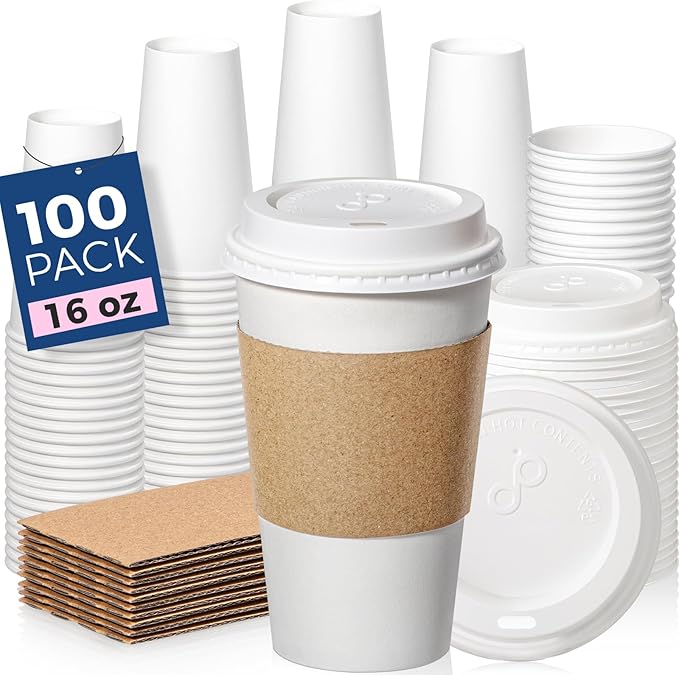 Fit Meal Prep 100 Pack 16 oz Disposable Coffee Cups with Lids, Sleeves, Leak-Proof To Go Coffee Cups with Lids, Durable Hot Paper Cups for Home, Office, Party, Business