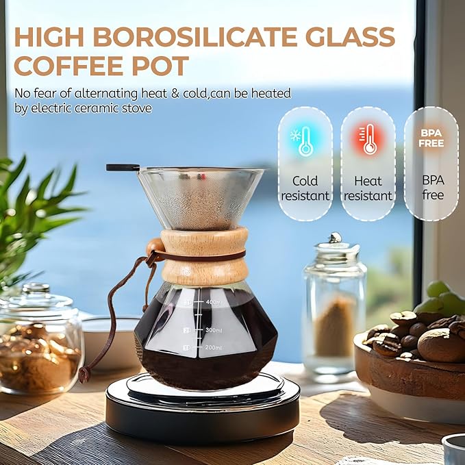 Pour Over Coffee Maker 400ml with 304 Stainless Steel Filter and Wooden Collar Holder Borosilicate Glass Drip Coffeemaker Server Set Clear Hand Brew Dripper Carafe for Home Camping Travel 13.5oz