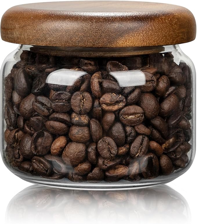 1 PC Small Glass Storage Jars with Airtight Lids, 10 fl oz (300ml) coffee container with Wooden Lid, Glass Pantry Canister for Beans, Rice, Sugar and etc