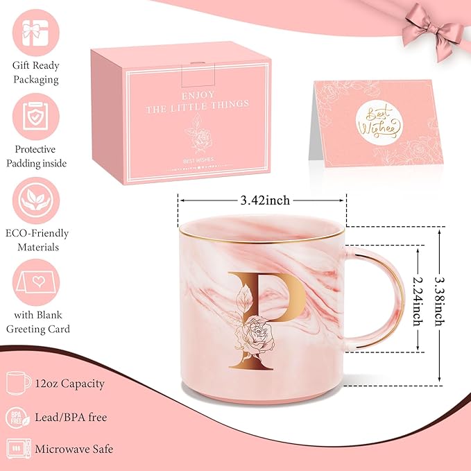Personalized Gifts for Women Coffee Mug, Initial Customized Gift Monogrammed A-Z Coffee Mug 12 OZ, Christmas Anniversary Birthday Gifts for Women Mom Grandma Friend Sister Wife (P)