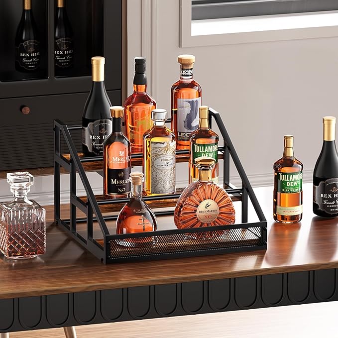 B4Life 3-Tier Liquor Bottle Display Shelf for Whiskey and Spirits - Retro Bar Shelves