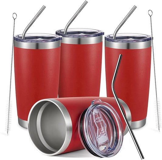 COMOOO 20oz Double Wall Vacuum Insulated Travel Mug, Stainless Steel Tumbler with Lid and Straw Durable Powder Coated Insulated Coffee Cup for Cold & Hot Drinks (Red, 4 PACK)
