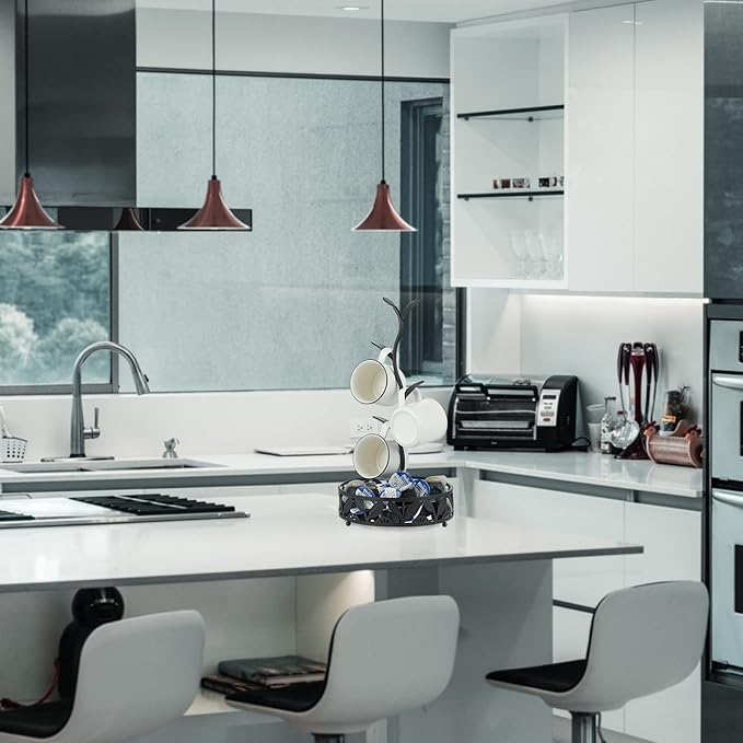 Mug Holder, Countertop Mug Tree, Coffee Mugs & Tea Cup Storage Rack, Coffee Mugs and Tea Cups Storage Rack with Small Storage Area, Black