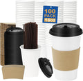 16 oz 100 Pack Coffee Cups with Lids and Sleeves, Straws, Hot Disposable To Go Travel Paper Cups Bulk for Office, Home Coffee Bar Accessories, Chocolate, Cocoa, Beverage (White)