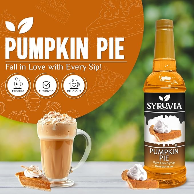 Syruvia Pumpkin Pie Coffee Syrup, Flavored Syrup for Drinks, Lattes, and Desserts – 25.4 fl oz