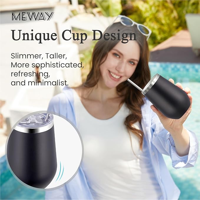 MEWAY 12oz/12 Pack Wine Tumbler Glasses with Lid - Stemless Double Wall Vacuum Stainless Steel Tumblers Keeping Cold & Hot for Wine - Family and Gifts, Ideal for Travel and Office(Black,Set of 12)