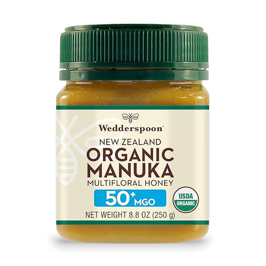 Wedderspoon Raw Premium USDA Certified Organic Manuka Honey, 50+ MGO, 8.8 Oz, Unpasteurized New Zealand Honey, From Our Hives to Your Home
