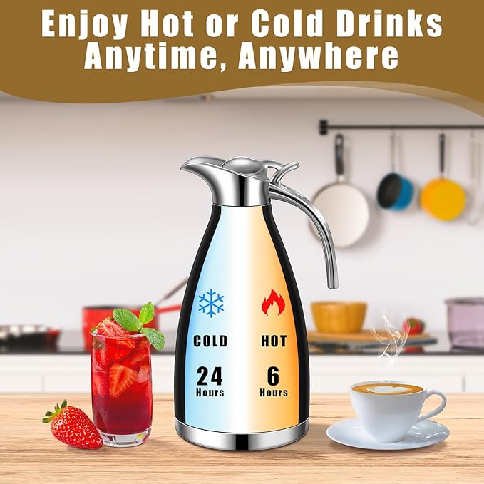 Uiifan 2 Pcs 68 oz Thermal Coffee Carafe Insulated Stainless Steel Coffee Carafe for Hot Liquids Vacuum Thermal Pot Creamer Dispenser with Brushes Keeping Hot Tea Milk Water(Black)
