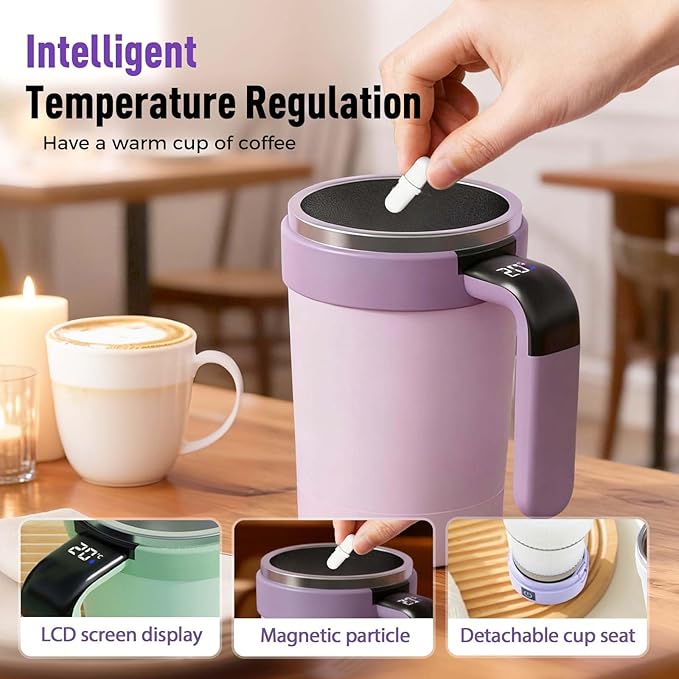 Yilia Automatic Magnetic Stirring Coffee Mug, 2026 New Electric Self Stirring Coffee Mug with Temperature Display, Rechargeable Auto Stirring Mugs with Lid for Coffee, Chocolate, Milk, Tea (Black)