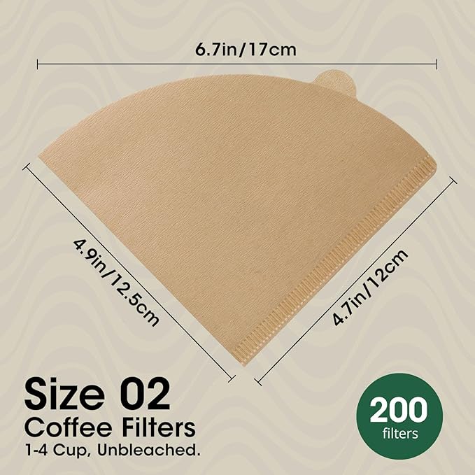 V60 Coffee Filters 02, ONIOU Unbleached Size 02 Cone Coffee Filters, 200 Count Natural Brown Pour Over Paper Filters for Hario V60 & Others 1–4 Cup Coffee Dripper - Package May Vary