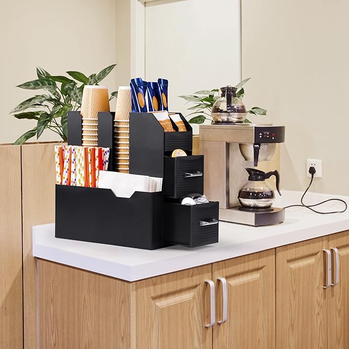 SZQINJI Coffee Condiment Organizer 11-Compartment Breakroom Coffee Station Organizer Countertop Cup Storage with 2 Drawers Black