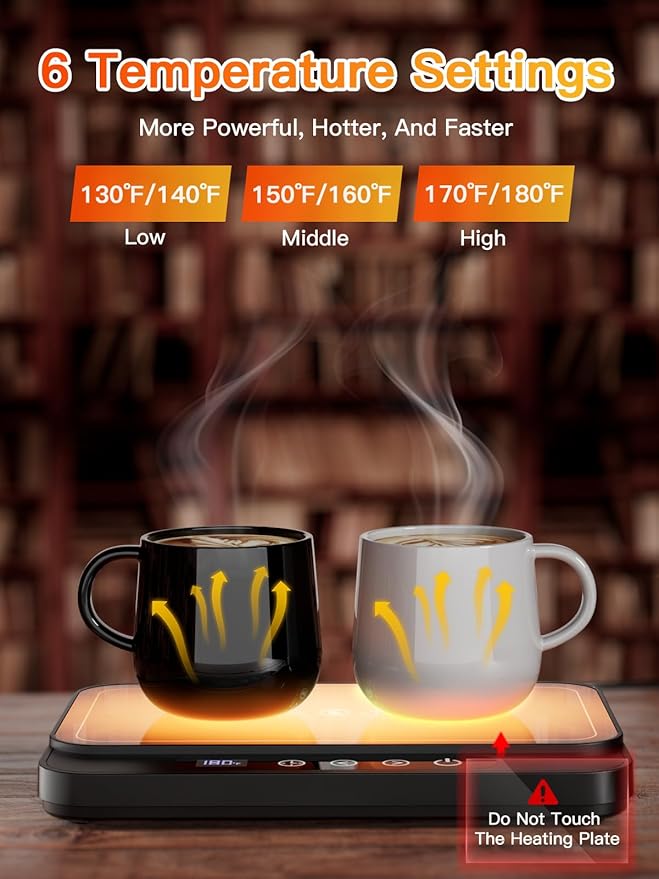 Misby Coffee Mug Warmer, 50W Large Heating Panel Mug Warmer with 6-Temp Settings, 8H Auto Shut-Off, 12H Timer, Ultra-Thin Design, Coffee Warmer for Desk, Ideal for Home, Office, and Travel (Black)
