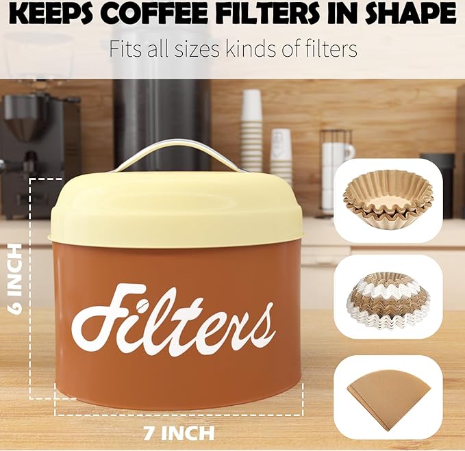 Brown Basket Coffee Filter Holder with Lid - Round Storage Container for Counter - Rustic Farmhouse Coffee Bar Accessories Decor
