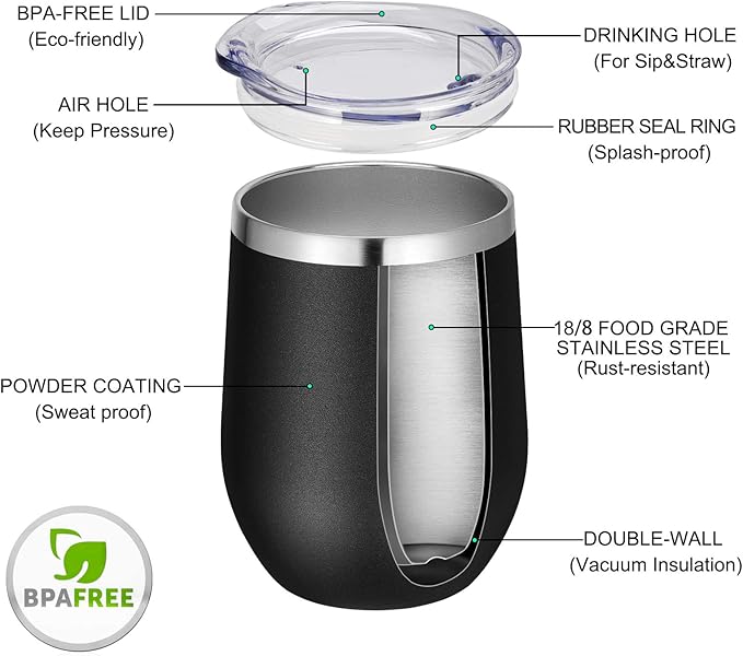 VEGOND 12oz Stainless Steel Wine Tumbler with Lid and Straw, Double Wall Vacuum Insulated Stemless Wine Glass Tumbler Cup, Coffee Mug for Cold Hot Drinks