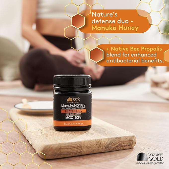 Nature’s Gold Raw Manuka Honey with Australian Native Bee Propolis, MGO 829+ | 8.8oz (250g), 100% Pure Genuine Traceable Hive to Home