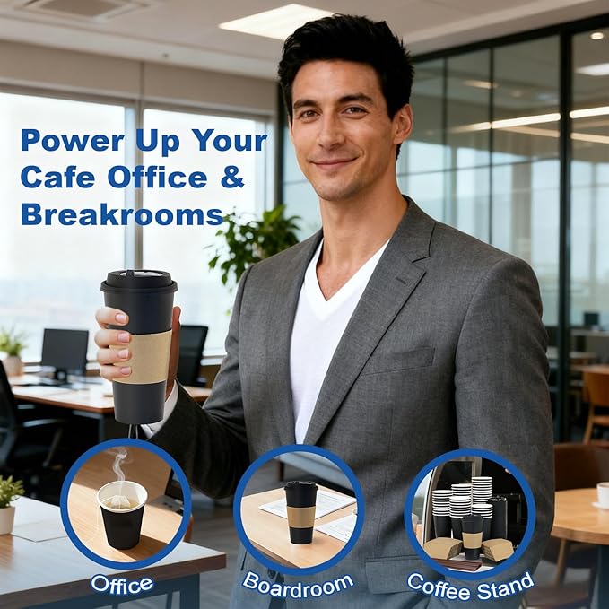 16 oz 500 Pack Coffee Cups with Lids and Sleeves, Straws, Hot Disposable To Go Travel Paper Cups Bulk for Office, Home Coffee Bar Accessories, Chocolate, Cocoa, Beverage (Black)