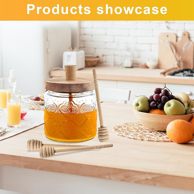 17oz Honey Jar with 3 Wooden Dippers,Pot Container Dispenser,Clear Glass Honey Container for Home Kitchen,Store Honey and Syrup,Easy to Clean