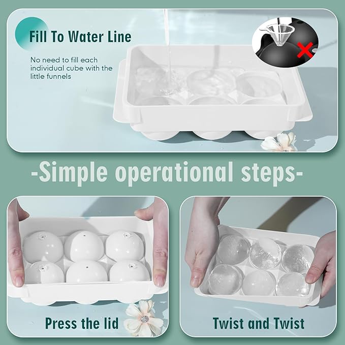 WIBIMEN Large Ice Cube Molds, Big Round Whiskey Ice Cube Trays for Freezer, Easy to Fill & Release, Whiskey Bourbon Cocktail(1.9In*6 Balls- White/2 Pack)