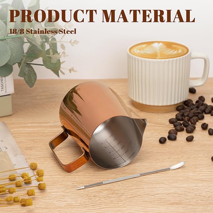 Milk Frothing Pitcher, 12 oz Milk Frother Cup with Clear Scale, 304 Stainless Steel Cappuccino Espresso Machine Accessories for Barista Coffee Bar with Latte Art Pen, Rose Gold