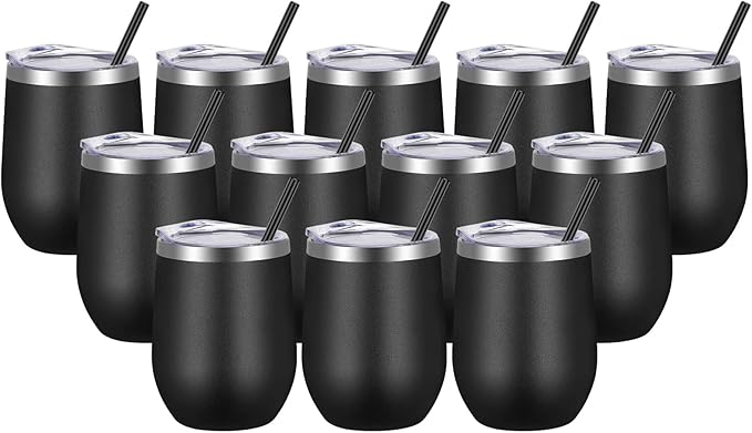 VEGOND Wine Tumblers Bulk 12 Pack, 12oz Stainless Steel Stemless Wine Glass with Lids and Straws, Double Wall Vacuum Insulated Tumbler Cup, Coffee Mug for Cold Hot Drinks