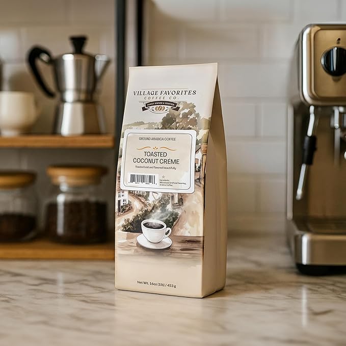 Village Favorites Flavored Coffee – Low Acid, Mold-Free, 100% Arabica, Slow Roasted Medium Roast, Smooth & Stomach Friendly, Ground, 1LB Bag (16oz)- Kosher (16oz, Toasted Coconut Crème)