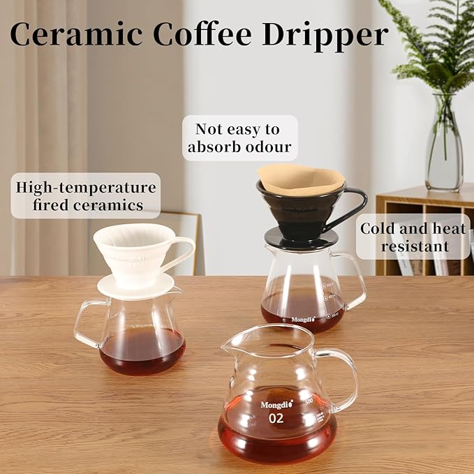 Mongdio V60 Ceramic Pour Over Coffee Dripper, Reusable Porcelain Portable Pour Over Coffee Maker, Slow Brewing Accessories with 1 Holes for Home - Size 02 White