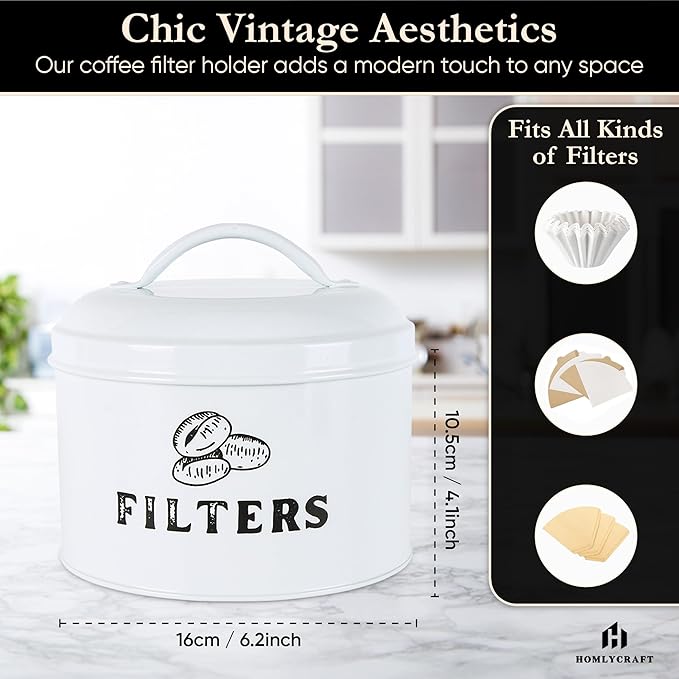 Coffee Filter Holder Vintage Coffee Filter Container with Lid Braided Cotton Drink Coasters for Counter, Home (White)