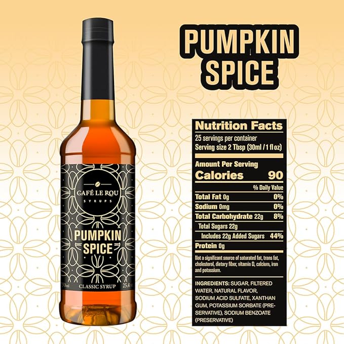Cafe Le Rou Pumpkin Spice classic syrup bottle with nutrition facts on beige patterned background