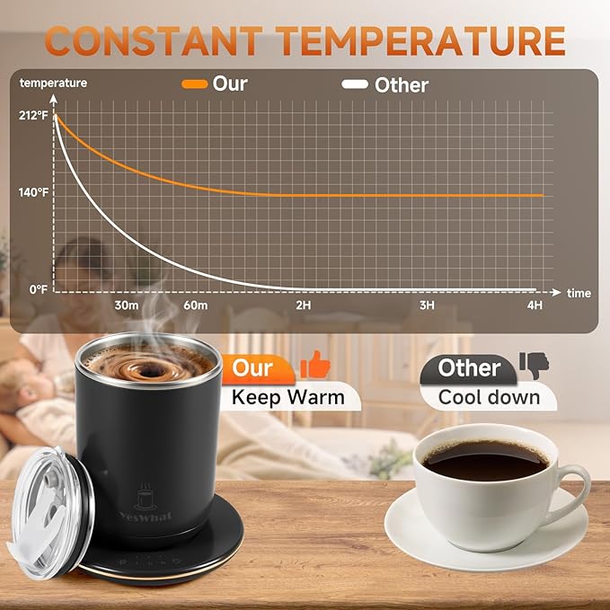 Self Stirring Coffee Mug with Temperature Control,Type-C Heated Magnetic Mixing Cup,3 Heat Levels,8-Hour Auto Shut-Off,USB Rechargeable Stainless Steel Smart Mug for Milk Protein Shakes Black 11oz