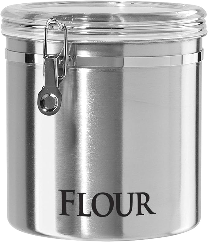 OGGI Stainless Steel Canister 62oz - Airtight Clamp Lid, Clear See-Thru Top. Large Size 5" x 7.5" & Jumbo 8" Stainless Steel Flour Clamp Canister - Airtight Food Storage Container Ideal, Dry Foods
